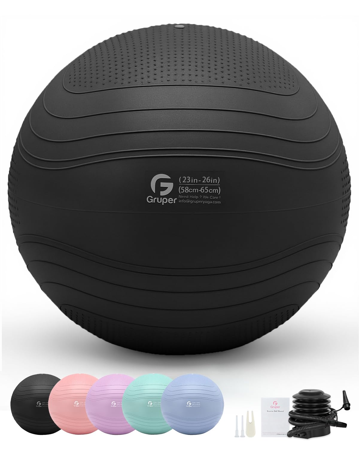 Gruper Yoga Ball, Extra Thick Exercise Ball for Workout Pregnancy Stability - 4 Sizes Anti Burst Balance Ball for Yoga, Pilates, Fitness, Birthing, Physical Therapy - Includes Pump