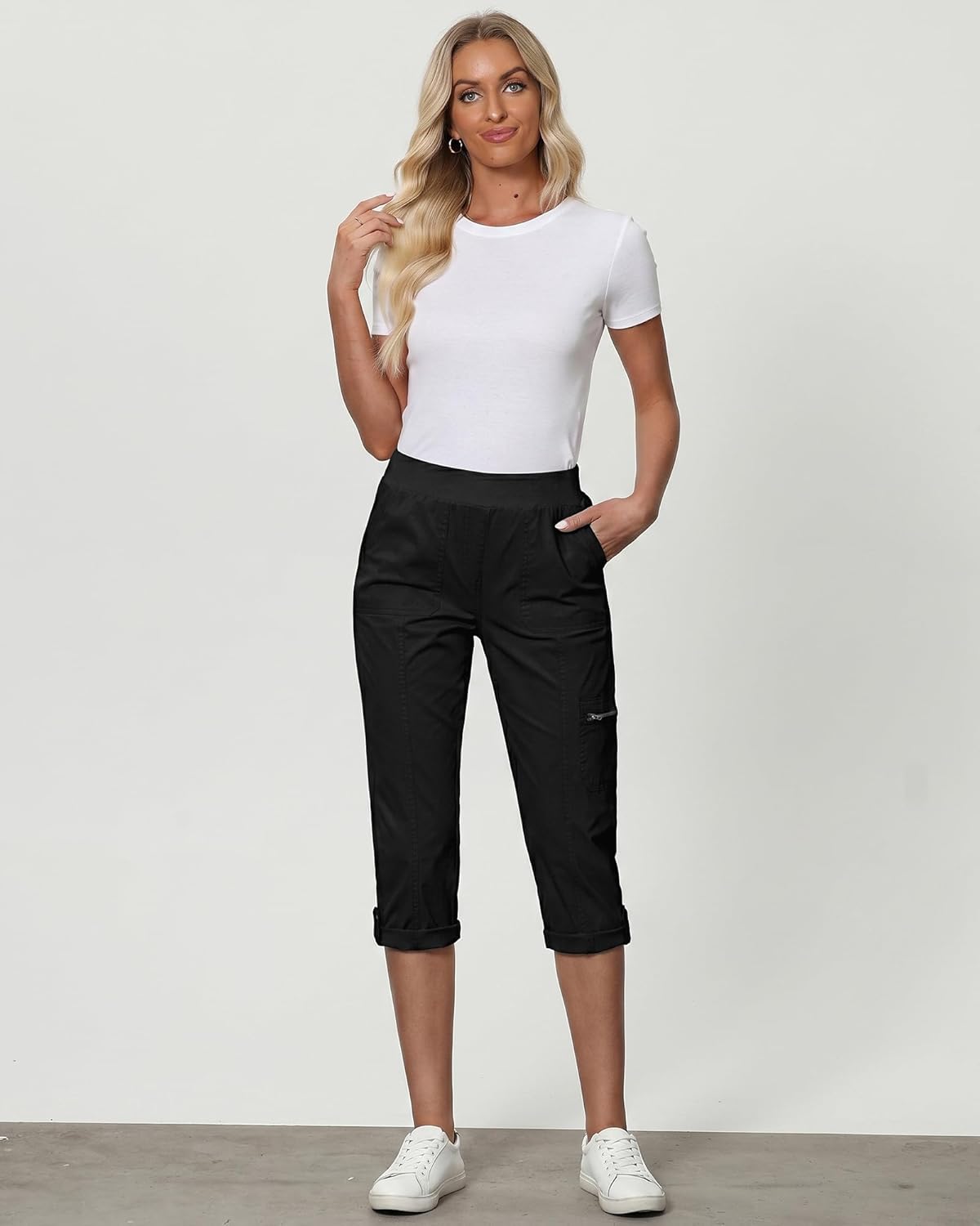 Capri Cargo Pants for Women - High Waisted Stretch Twill with Pockets | Comfortable Fit