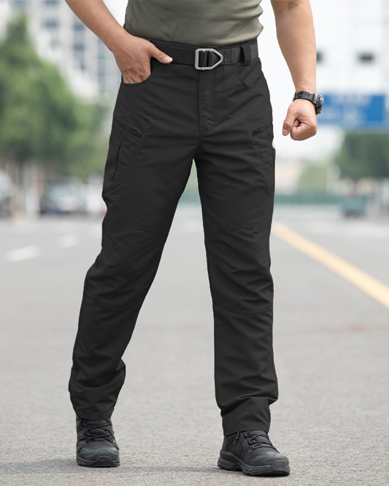 Men's Stretch Tactical Pants,Water Resistant Ripstop Cargo Pants, Lightweight Outdoor Work Hiking Pants with Multi Pockets (No Belt),Black