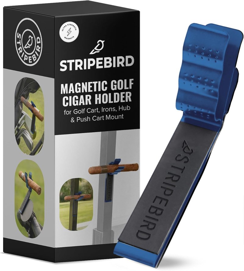 Stripebird Magnetic Golf Cigar Holder - Durable Aluminum Alloy with Neodymium Magnets - Magnetically Attached to Golf Cart, Irons, Push Cart & Hub Mount - Easy Clamp Design & Cigar Clip - Blue