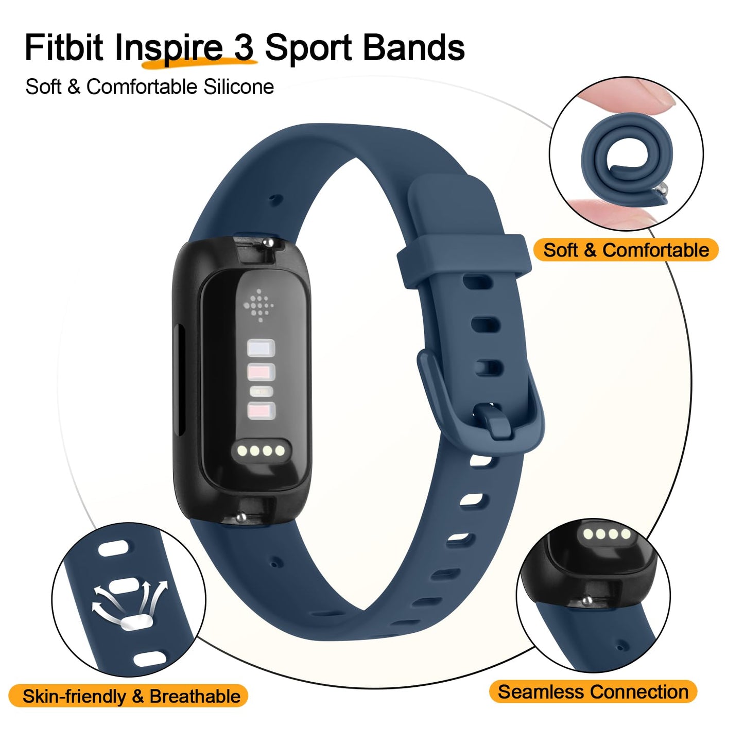Vancle 4 Pack Bands Compatible with Fitbit Inspire 3 Bands for Women Men, Sport Silicone Adjustable Replacement Straps for Fitbit Inspire 3 Fitness Tracke (Black/Navy Blue/Pine Green/Starlight)
