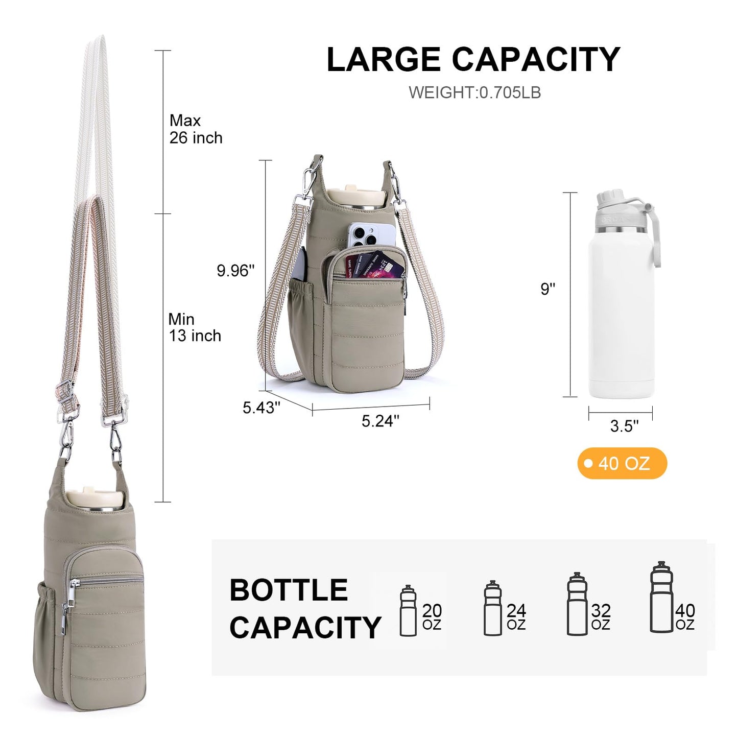 Lexiyat Water Bottle Bag 40 oz Crossbody Bag Insulated Carrier Purse Holder for Walking Hiking with Adjustable Strap Khaki