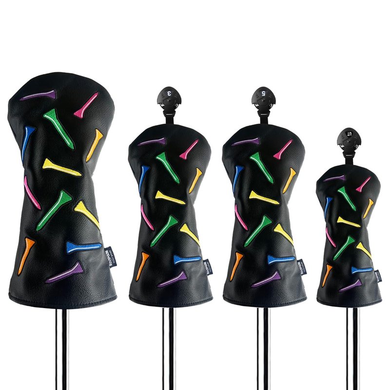ROYMADE Golf Club Covers Set Colorful Tees Design Driver Covers Fairway Wood Cover Hybrid Cover Leather Golf Wood Head Cover (Color T Black (DR+FW+UT 4pcs))