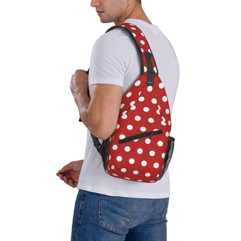 QISENTIS Polka Dots Sling Bag for Women Crossbody Bag Abstract White Small Circle Dot Geometric Pattern on Red Background Sling Backpack for Men Dot Pattern Shoulder Bag Gym Travel Hiking Daypack