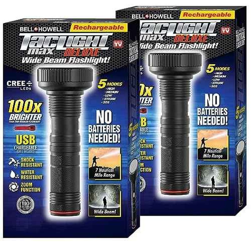 Bell+Howell Taclight Max Deluxe Ultra High-Powered Handheld Flashlight,1,000 Lumens-7,000K Cree LED, 5 Modes Rechargeable Shatter Resistant, Compact Outdoor Camping As Seen On TV - Set of 2