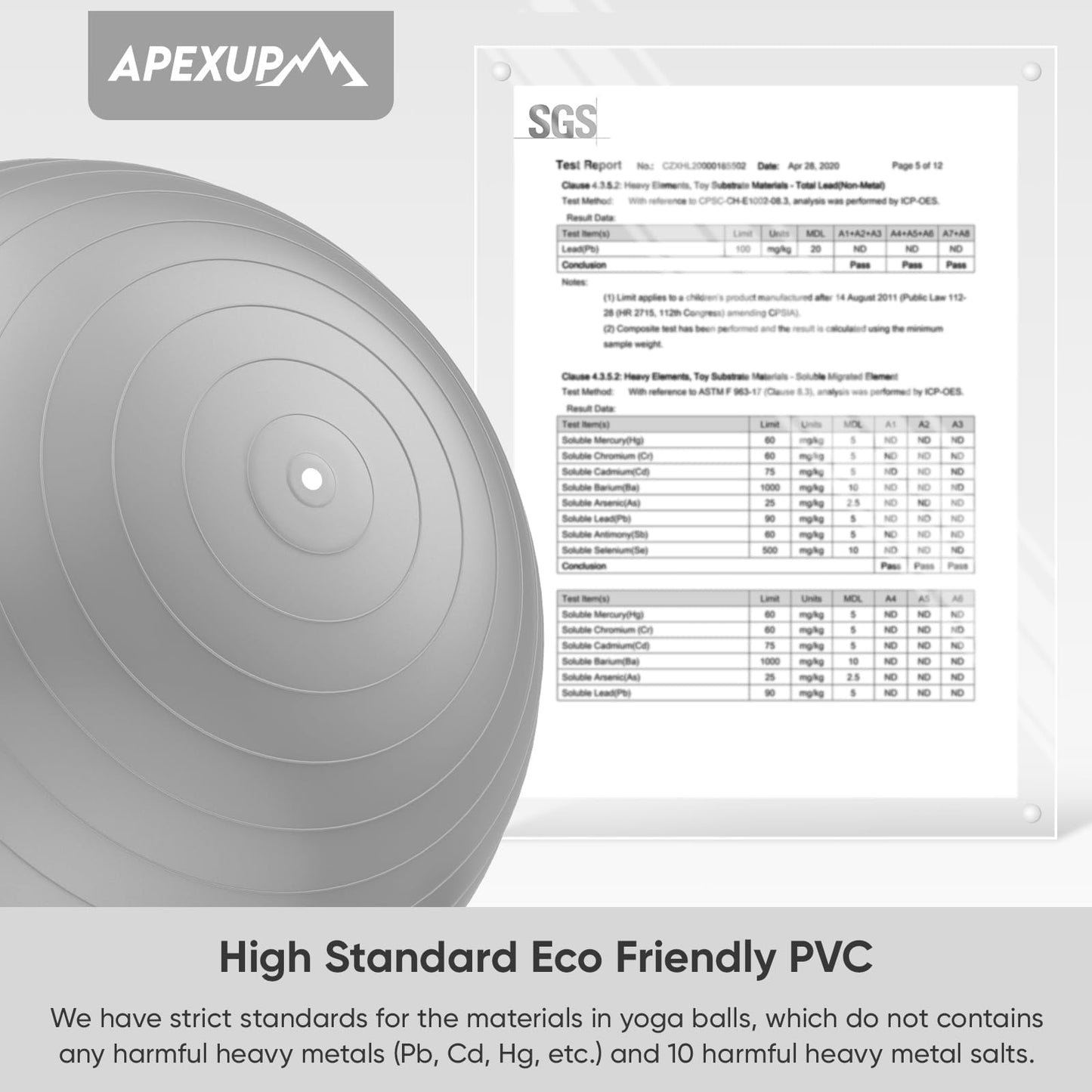 APEXUP Yoga Ball, 660 lbs Anti-Burst Exercise Ball with Pump, 5 Sizes (XL (27"~30") 75cm, Silver)