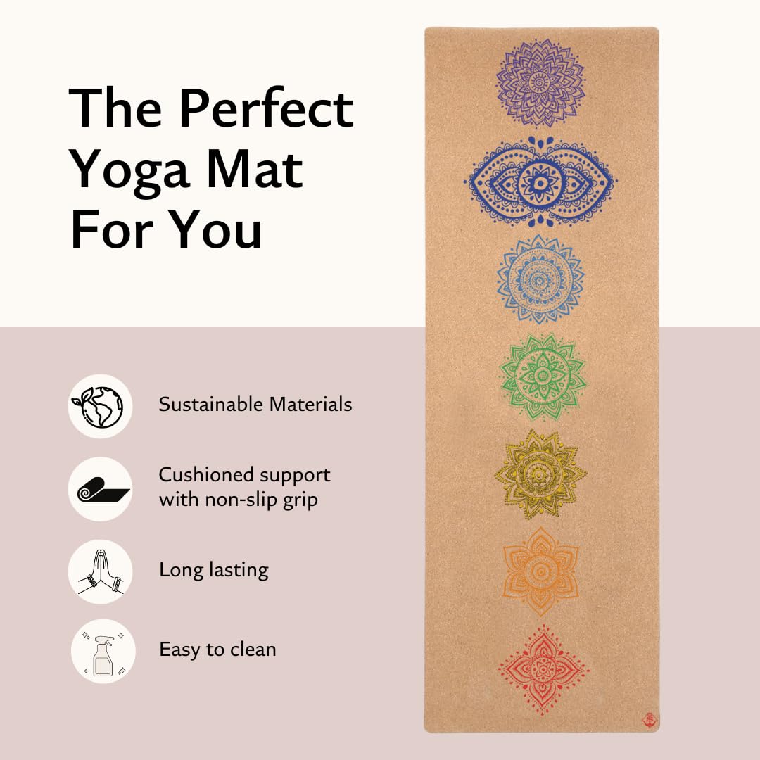 Shakti Warrior Chakra Cork Yoga mat - Artist Designed, Premium eco friendly mats, Non Slip, Non Toxic, Great for Regular & Hot Yoga, Pilates and Work out (72 inch x 24 inch x 3mm Thick)