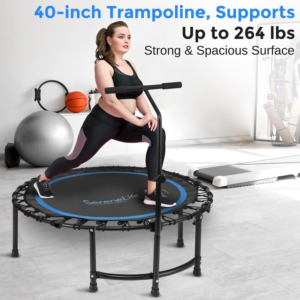 Serenelife 40" Inch Portable Fitness Trampoline with Adjustable Handrail for Indoor and Outdoor Use – Professional Round Jumping Trampoline – Cardio Trampoline
