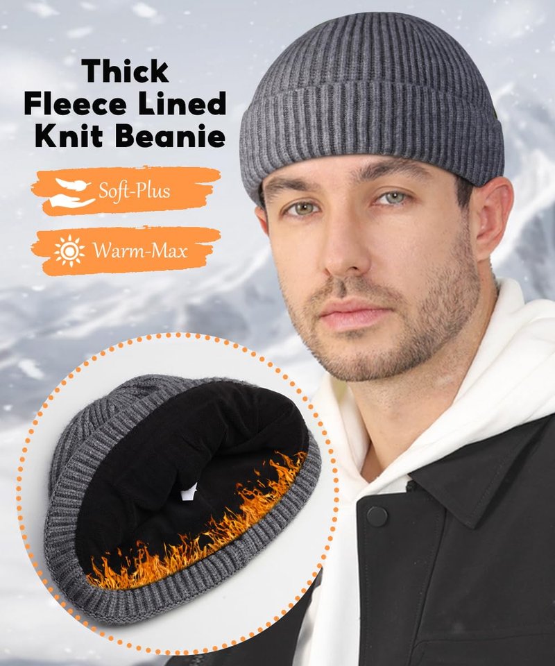 Heniho Wool Fleece Lined Fisherman Beanie for Men, Winter Warm Hats Cuffed Knit Watch Cap Trawler Hat, I
