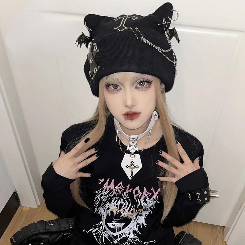 Y2K Gothic Grunge Cat Ear Bat Wing Black Beanie Hat Harajuku Punk Cross Chain Knitted Hat Women Chic Streetwear (Black)