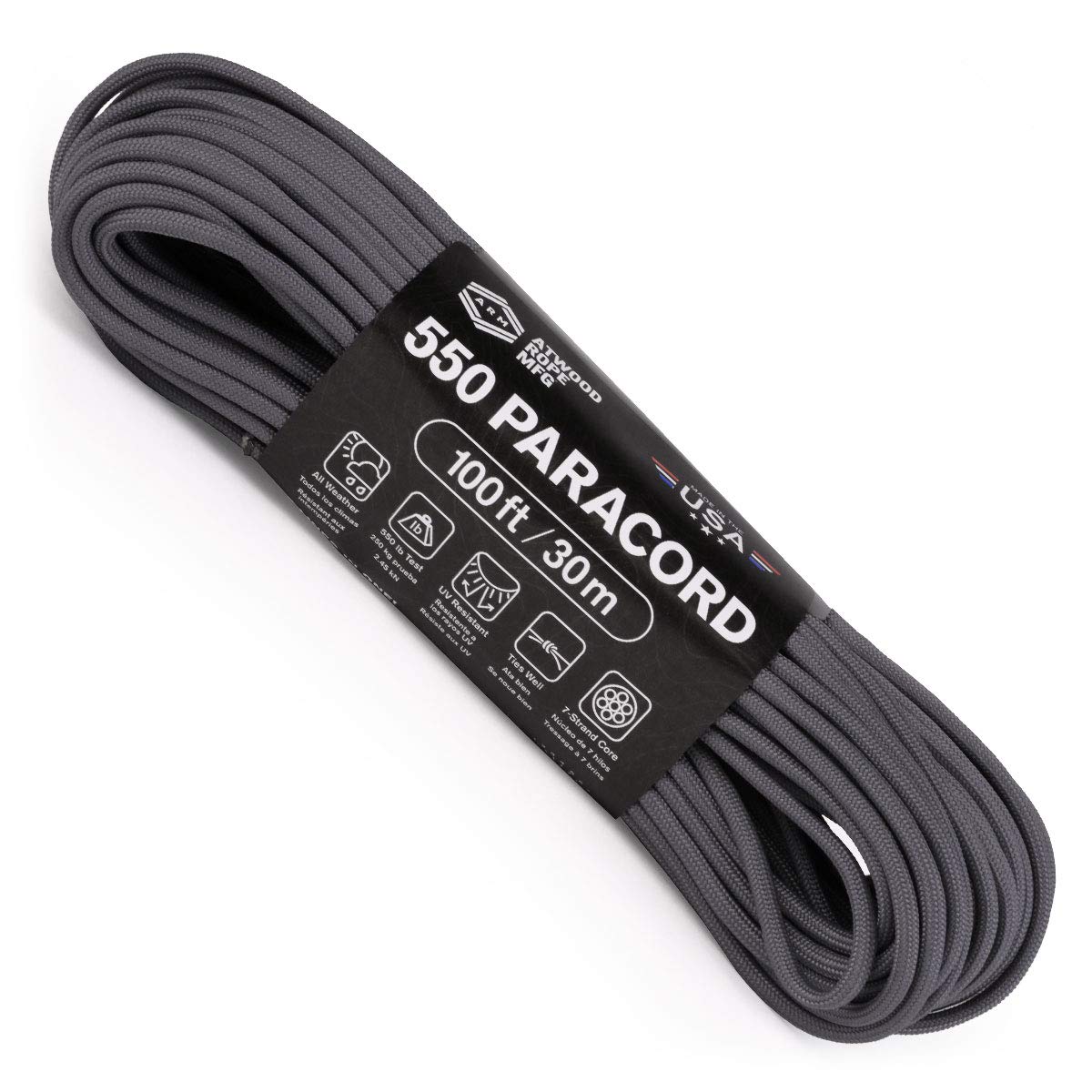 Atwood Rope MFG 550 Paracord 100 Feet 7-Strand Core Parachute Cord (Graphite)