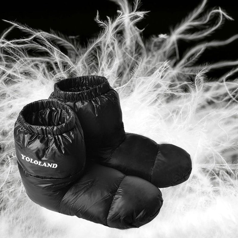 YOLOLAND Winter Warm Foot Warmers for Sleeping, Duck Down Socks Waterproof Boots, Mens Down Slippers, Sleep Booties for Women, Home Outdoor Camping Hiking Shoes, Lightweight & Comfortable (Black, L)