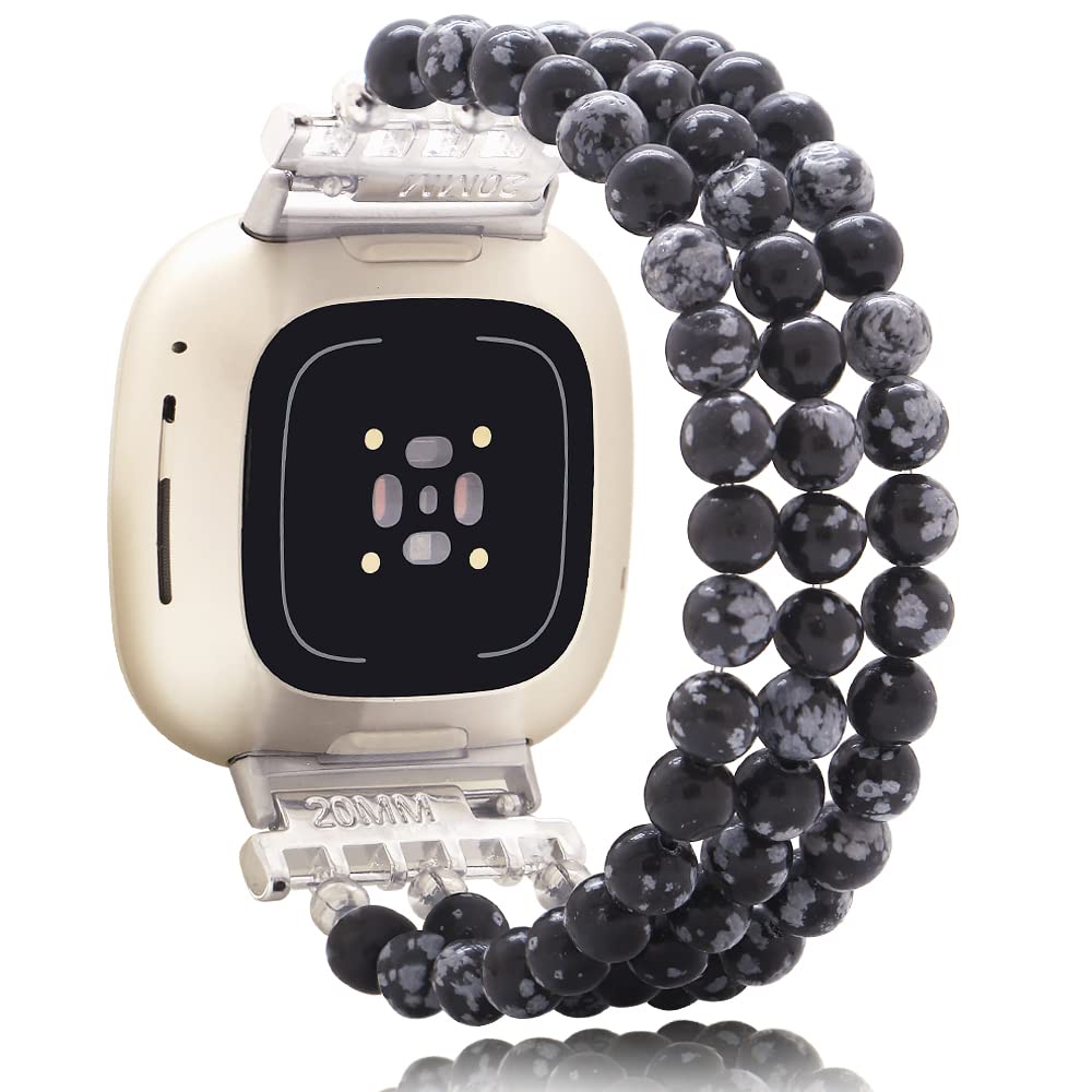 C&L Accessories Bracelet Compatible with Fitbit Versa 3/Fitbit Versa 4/Fitbit Sense 2/Fitbit Sense Bands for Women, Beaded Wristband Straps (Snowflake Obsidian)