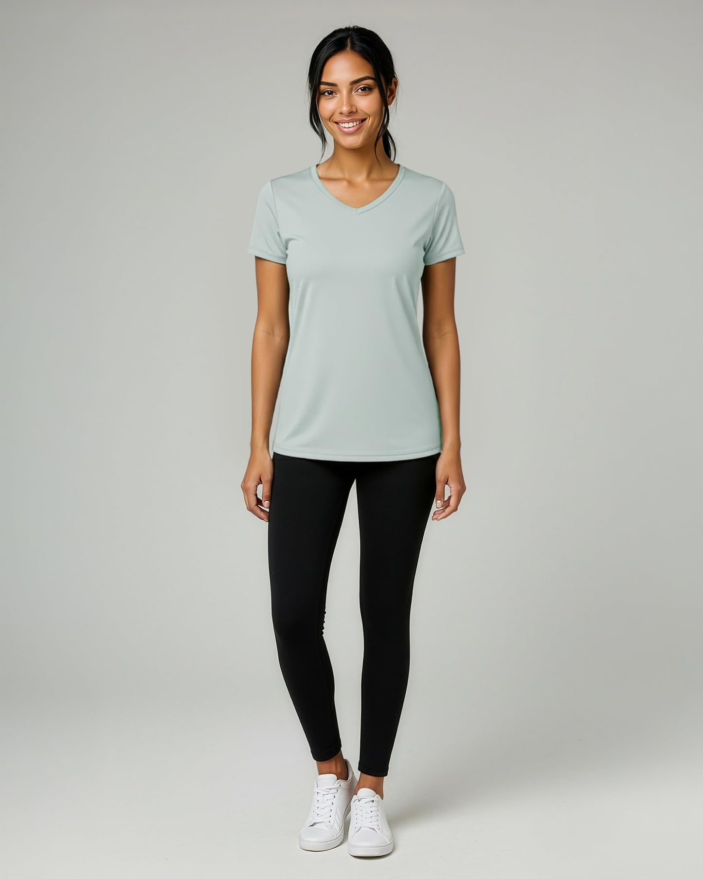 Real Essentials 5 Pack: Women's Dry-Fit Short Sleeve V Neck T Shirt Workout Fitness Yoga Top Tee, Set 9, M