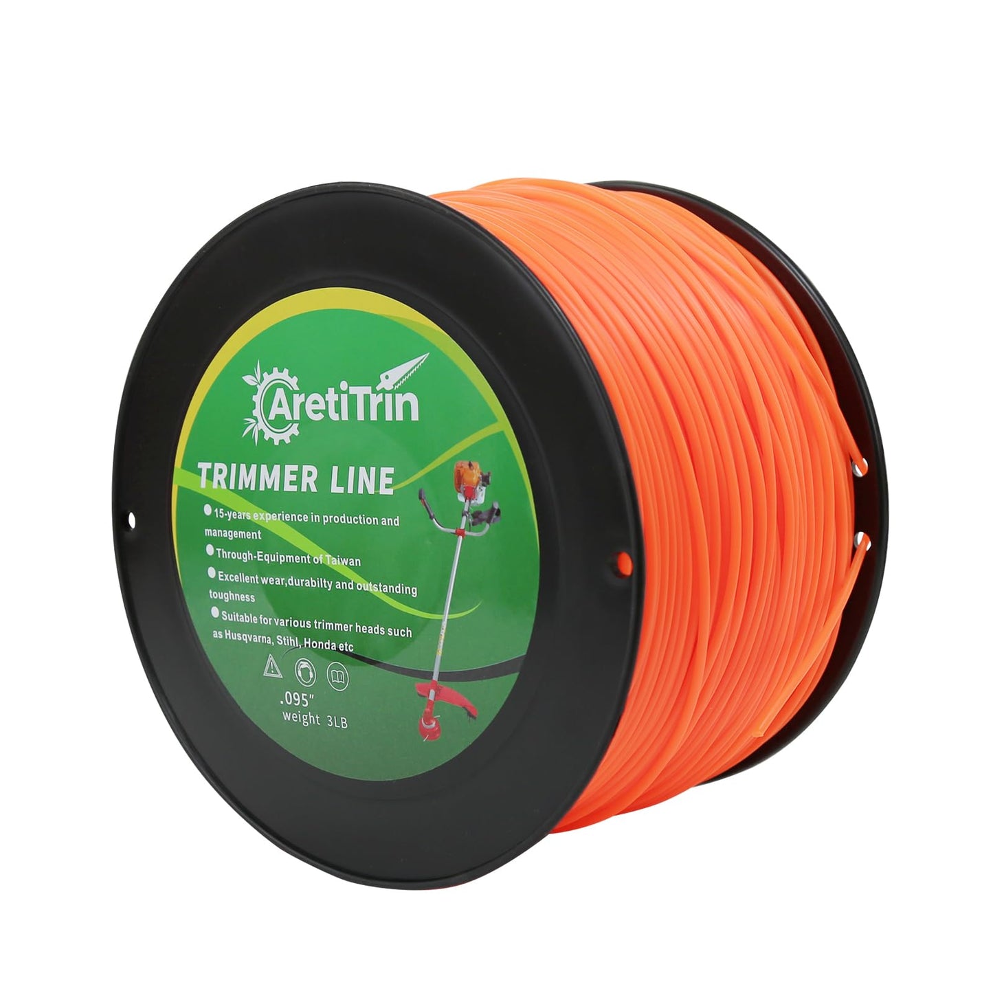 AretiTrin 095 String Trimmer Line,Round Orange Heavy Duty Weed Eater String, Premium Nylon Universal 0.095" Diameter x 3LB -837ft for Lawn Edging & Thick Weeds