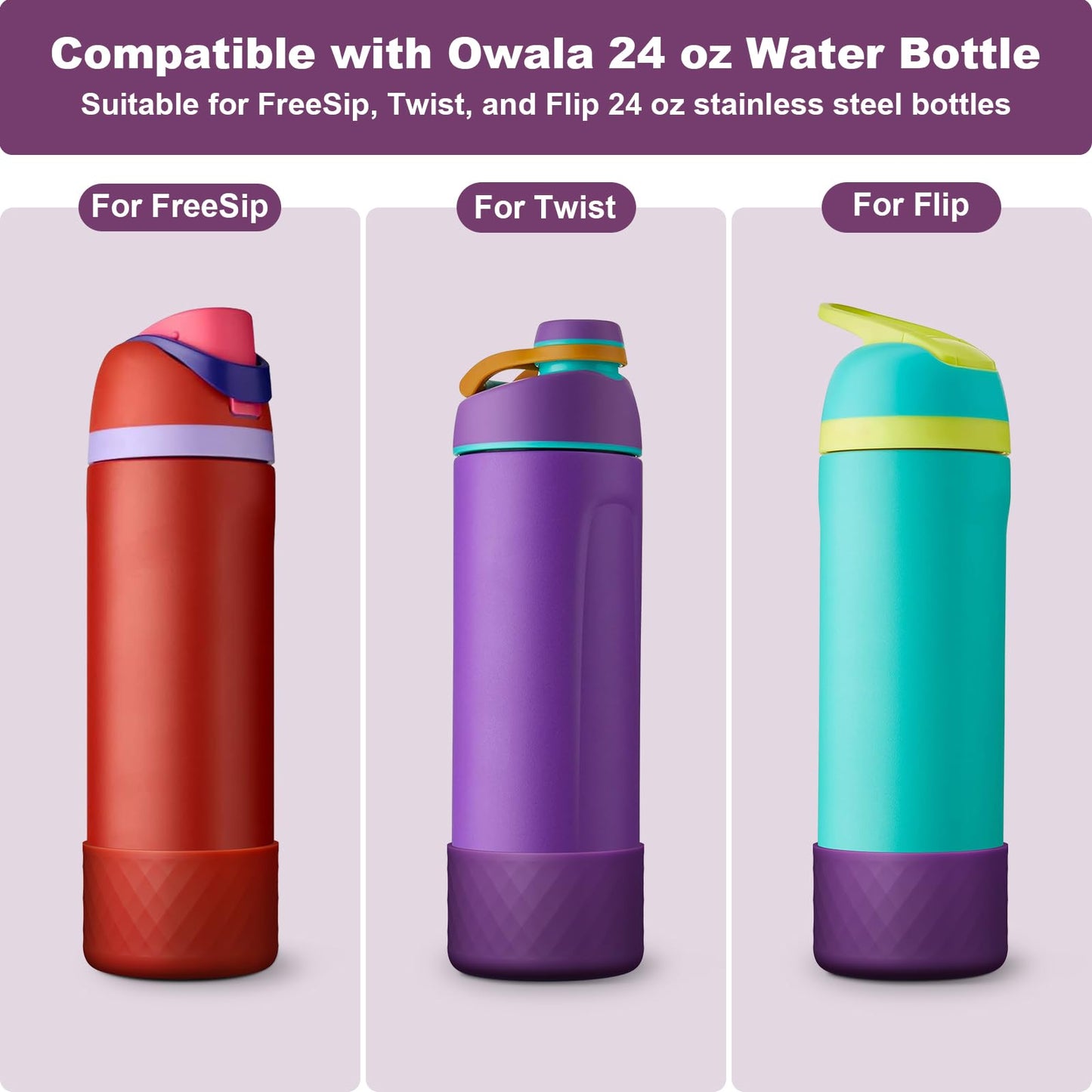 Alwenid 2PCS Silicone Water Bottle Boot for Owala 24 Oz, Anti-Slip Protective Sleeve Bottom Bumper Protector for FreeSip, Twist, and Flip Stainless Steel Water Bottles (Dark Purple+Dark Red)