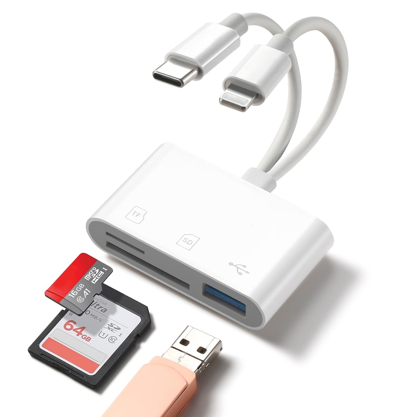 WEZAFO SD Card Reader for iPhone Android, Memory Card Reader Built-in Dual iOS & USB C Connector Card Reader with USB-A/SD/MicroSD 3 Slots, No Application Required Plug and Play