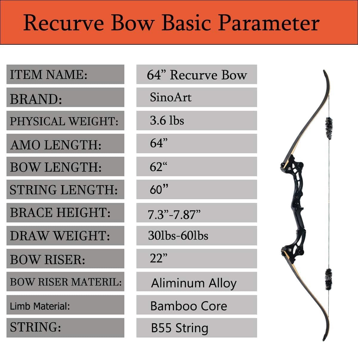 SinoArt 64” Takedown Recurve Bow - Metal Riser, 30-60Lbs, Right-Handed for Archery Hunting