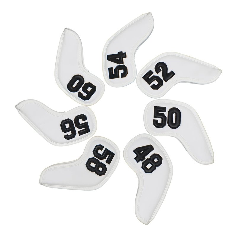 Scott Edward Prof 7Pcs Leather Wedge Golf Iron Head Covers Protective Club Waterproof & Scratch Resistant 48 50 52 54 56 58 60 Degree (White Black Number)