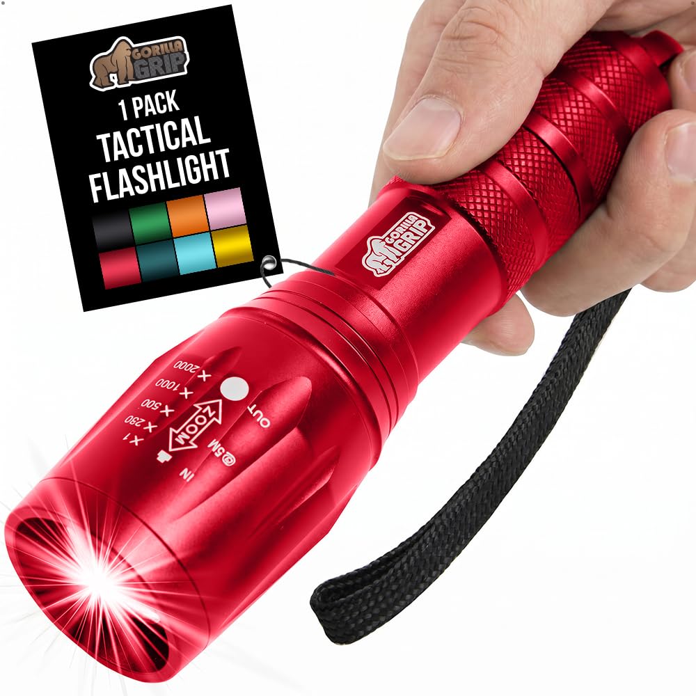 GORILLA GRIP Powerful LED Tactical Flashlight, 750 FT High Lumens 5 Adjustable Modes, Water Resistant, Ultra Bright Zoom Flashlights, Small Mini Flash Light, Camping, Night Dog Walking, Red