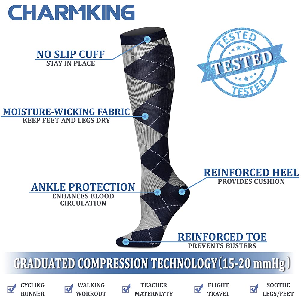 CHARMKING Compression Socks for Women & Men (8 Pairs) 15-20 mmHg Graduated Copper Support Calf Socks are Best for Pregnant, Nurses - Boost Performance, Circulation, Knee High Wide Calf(S/M, Multi 18)