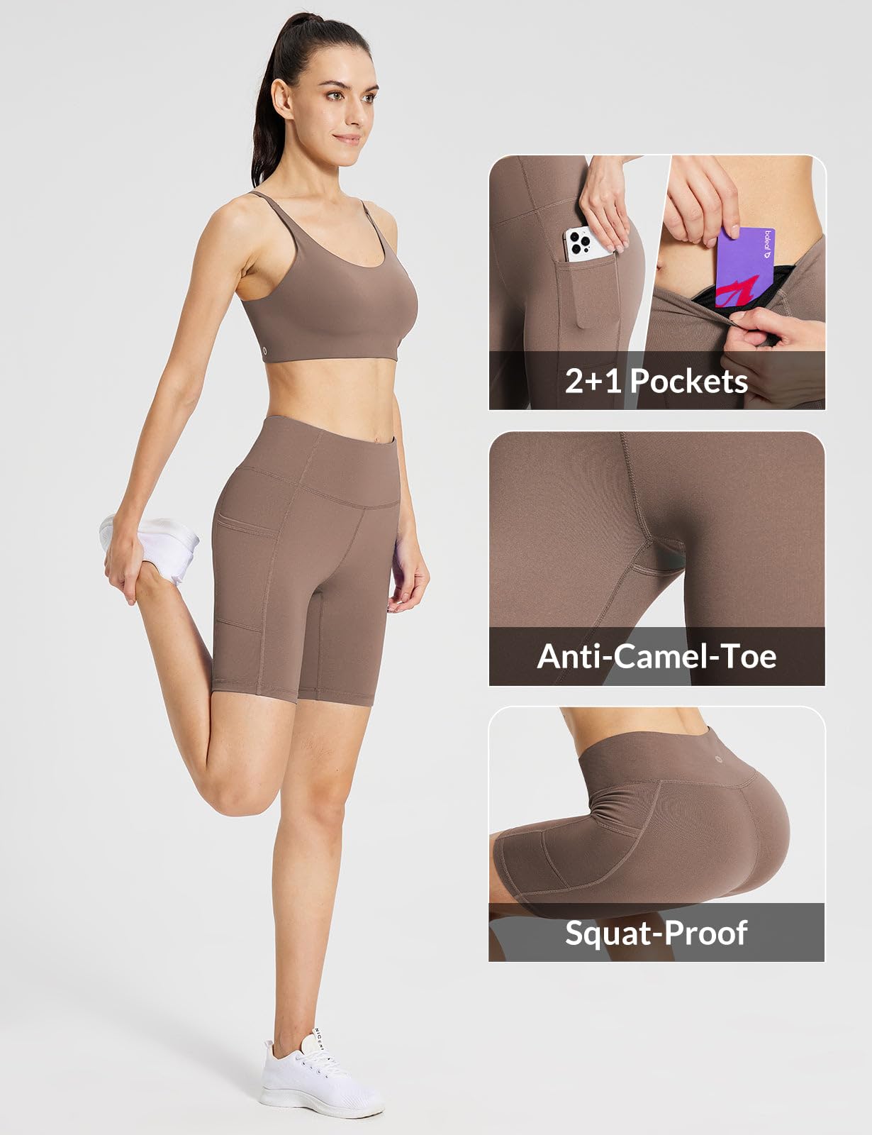baleaf Workout Shorts Women 5" Biker Yoga Gym Spandex Running Volleyball Compression Short with Pockets Khaki S