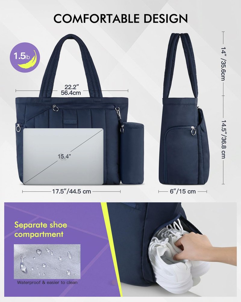 Movker Quilted Tennis Bag for Women & Men, Large Tennis Tote with Shoe Compartment & Waterproof Wet Pocket, Fits 2-4 Rackets & 15.6" Laptop, Lightweight Gym Duffle Sports Bag with Fence Hook(Navy)