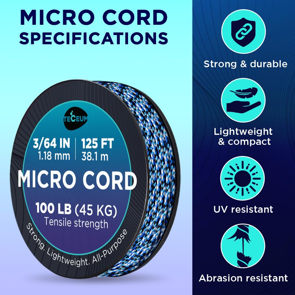 TECEUM Micro Paracord – Blue Snake – 1.18 mm x 125 ft – Micro Utility Cord – Thin Braided Paracord Rope Nylon Polyester – Wind Chime Replacement – Survival Strong String 6769с