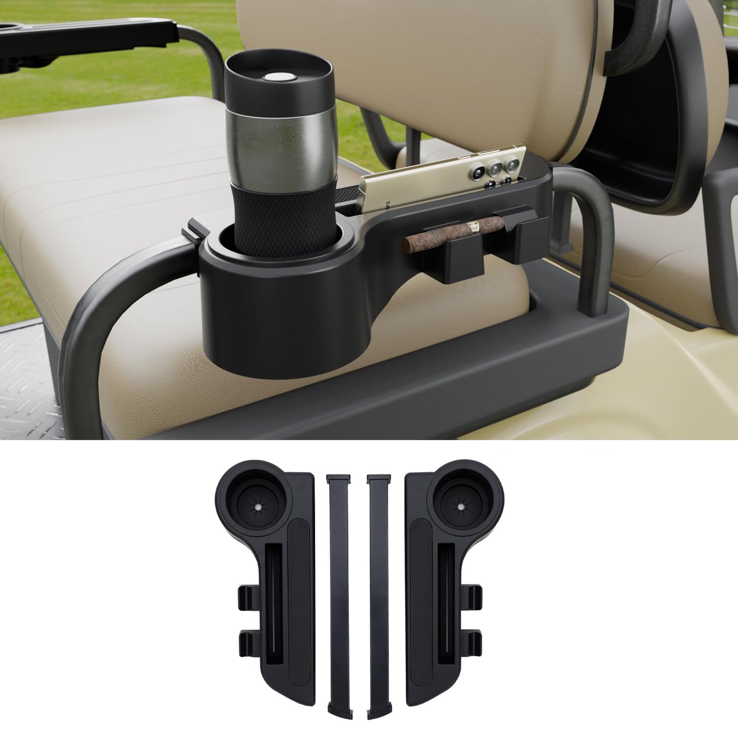 Kingna Golf Cart Armrest Equipped with Cigar Rest Cup Holder Phone Holder Universal Fit for EZGO/Club Car/Yamaha and More, Fit 1.0" or 1-1/4" Square Tube Frame (A Tasteful Addition to Your Ride)