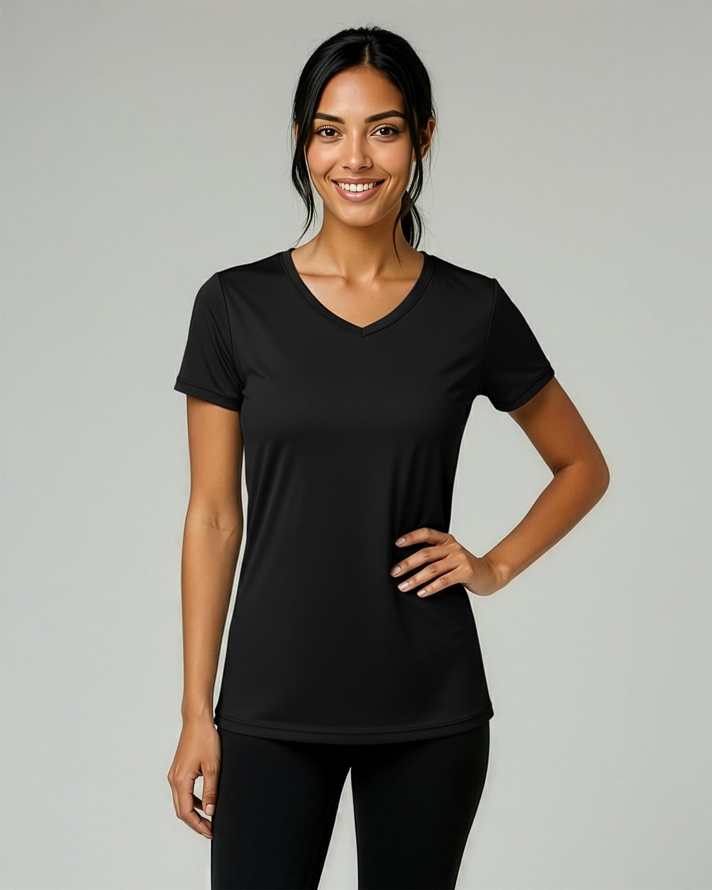 Real Essentials 5 Pack: Women's Dry-Fit Short Sleeve V Neck T Shirt Workout Fitness Yoga Top Tee, Set 5, L