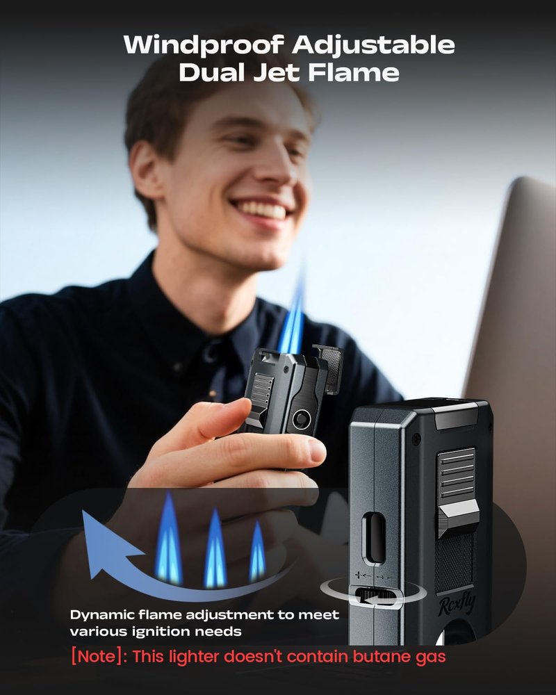 5-in-1 Torch Lighter with Holder, V & Straight Tool, Dual Jet Flame, Gifts for Men, Multifunctional Accessories, Adjustable & Windproof Lighter Set, Refillable Butane Lighter for Travel