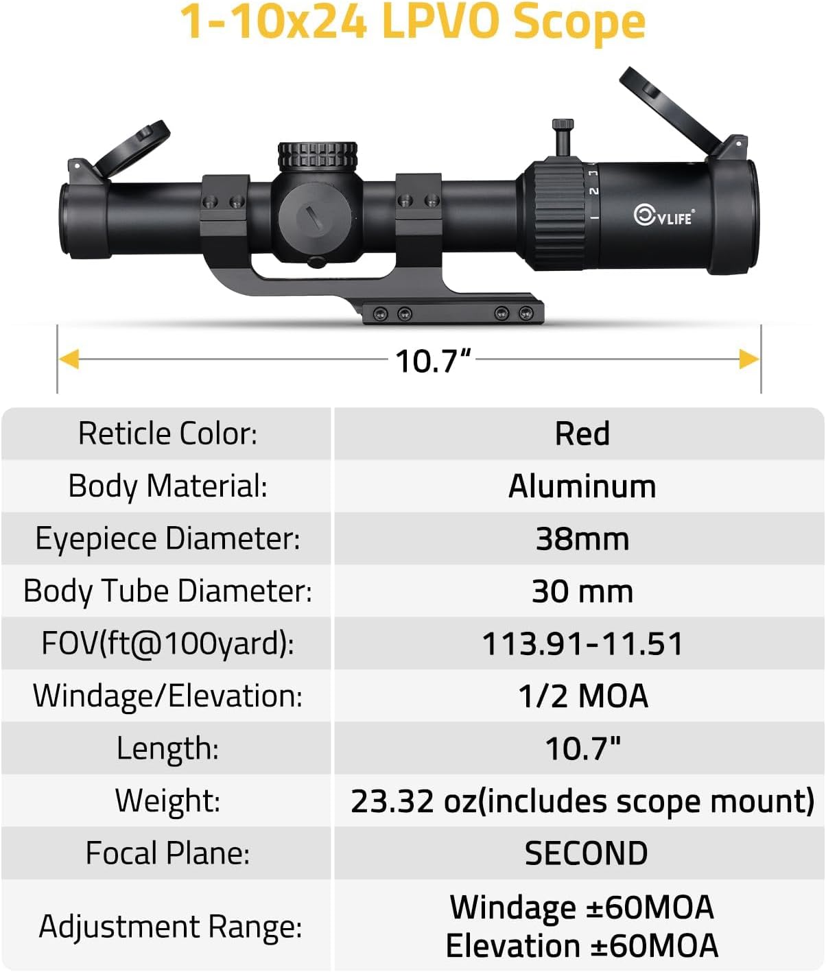 CVLIFE 1-10x24 LPVO Rifle Scope - Illuminated BDC Reticle, 30mm Mount, Generous Eye Relief
