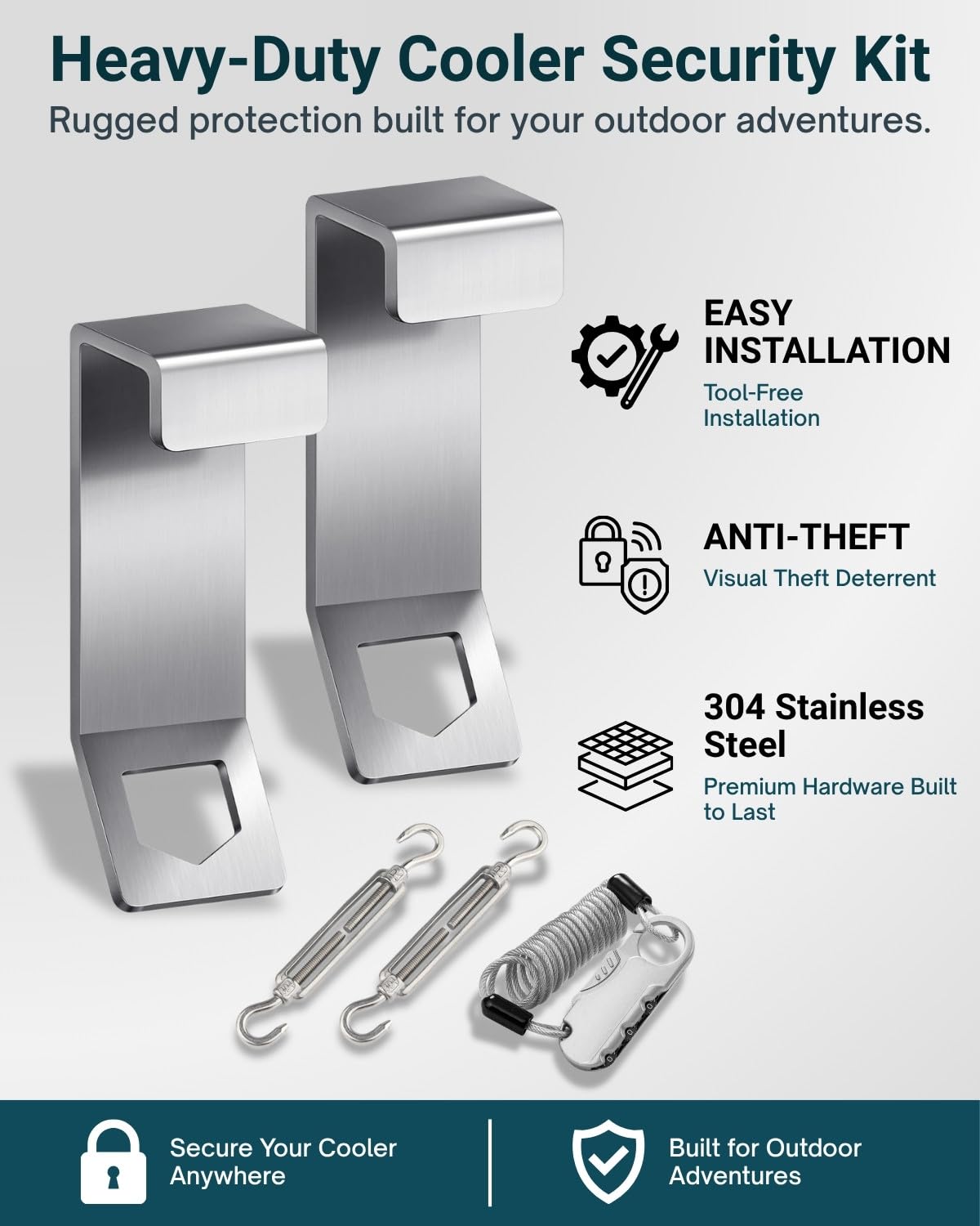 Loyipu Heavy Duty Stainless Steel Cooler Security Kit - 2 Pack Anti-Theft Lock Bracket with Retractable Cable & Turnbuckle for Boat Deck/Trailer (Fits Yeti/RTIC Tundra)