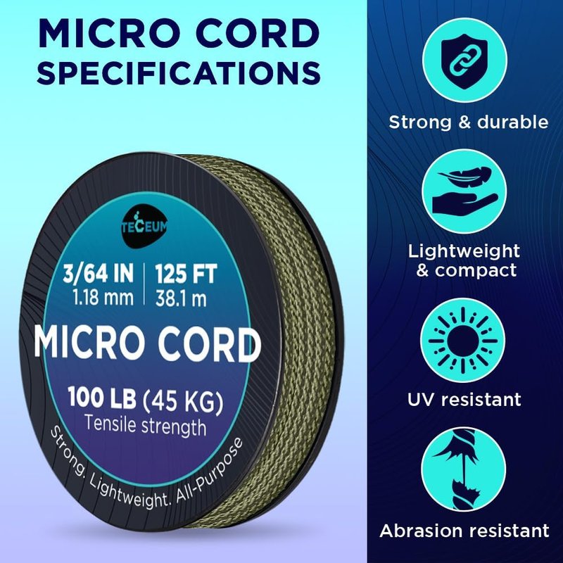 Micro Paracord - 1.18 mm x 125 ft Durable Braided Utility Cord for Crafting, DIY, Fishing & Camping | Survival Strong String
