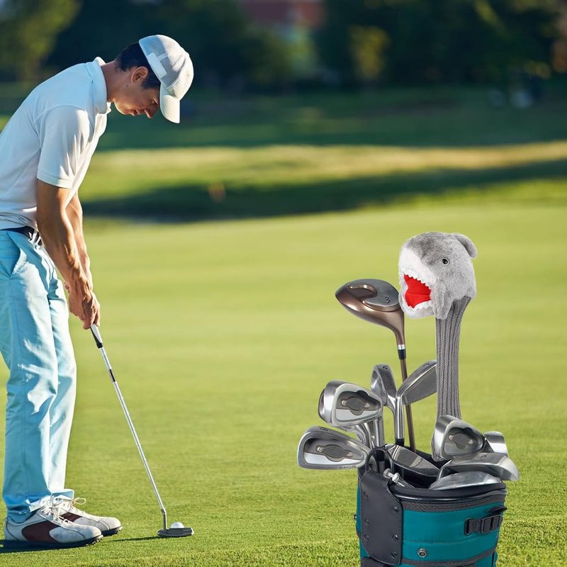 Joyzan Golf Headcovers, Knit Club Head Cover Shark Plush Cloth Portable Putter Driver Protector Funny Animal Handmade Protection Accessories Long Neck Pom Well Fairway Hybrid Woods Set Bag Men Women