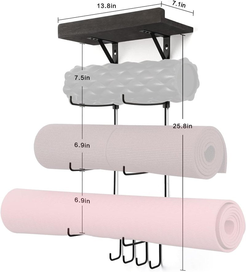 Yoga Mat Holder Wall Mount | Stylish Storage with Wood Shelves & 4 Hooks - Vintage Black