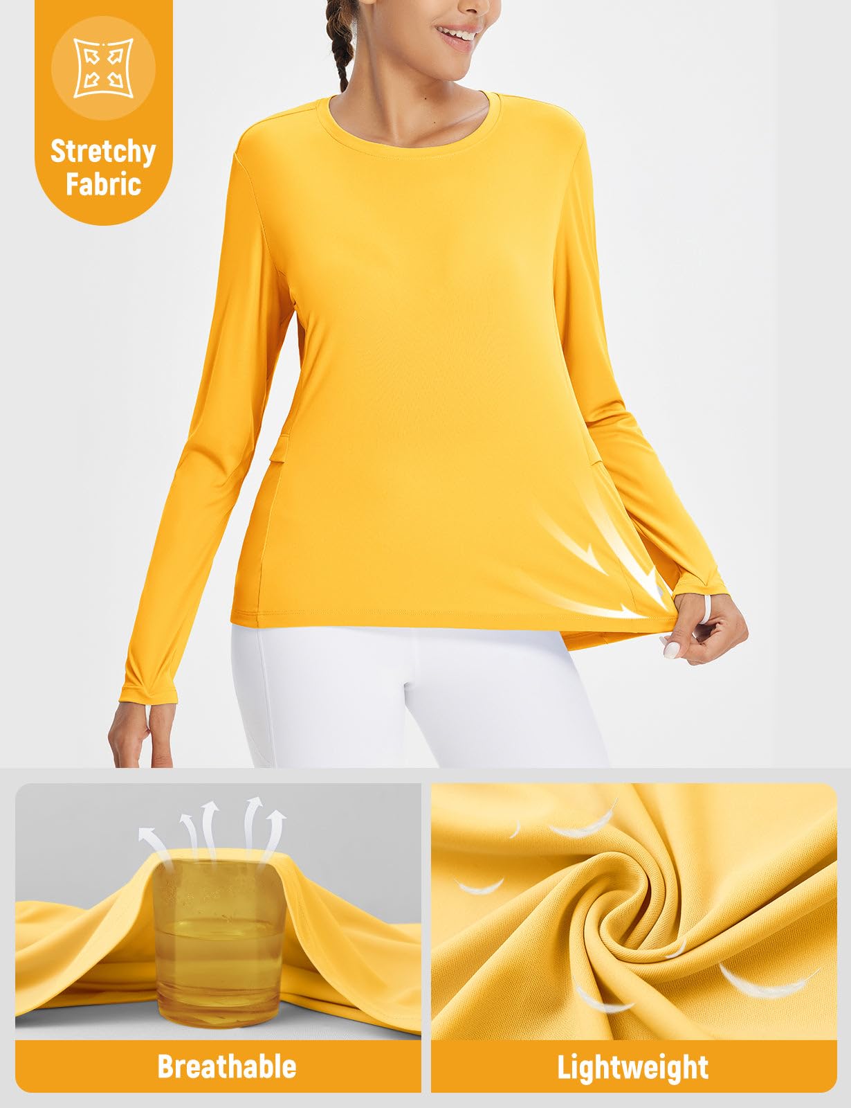 baleaf Rash Guard for Women Hiking Shirts Sun Shirt SPF UPF 50+ Quick Dry Long Sleeve Workout Tops Running Top Yellow M
