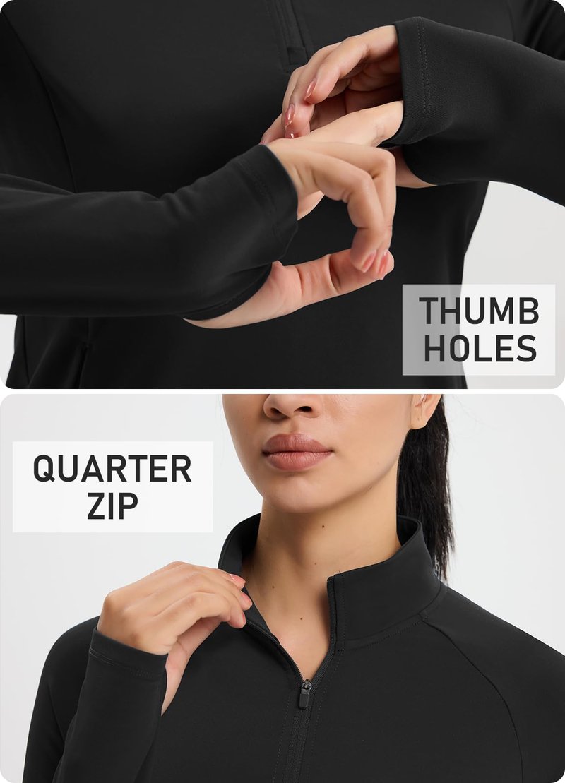 Emlovm Women's Fleece Running Jacket Quarter Zip Pullover Water Resistant Thermal Equestrian Shirt Warm Winter Golf Gear Black M
