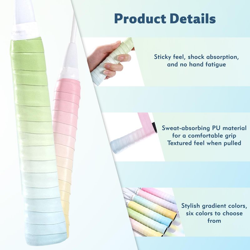 6 Pack Tacky Tennis Racket Grip Tape,Non-Slip Absorbent Tennis Grips Tape,Gradient Color Tennis Racket Grip Tape for Tennis,Pickleball,Badminton,Golf,Baseball Bat (Colorful)