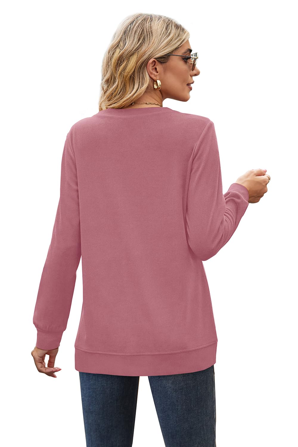 WIHOLL Sweatshirts Women Loose Fit Long Sleeve Tops Solid Color Fall Clothes Pink L