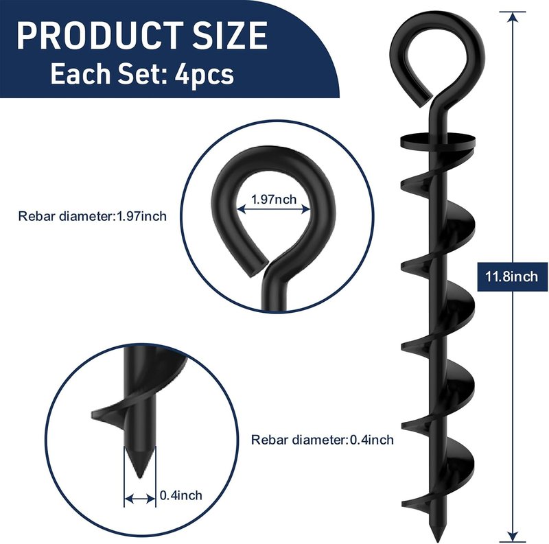 Heavy Duty Ground Stakes - Industrial Grade Spiral Steel Screw-In Anchors | 4 Pack with Bonus Tie-Down Ropes for Trampolines, Canopies, Outdoor Sheds - Black