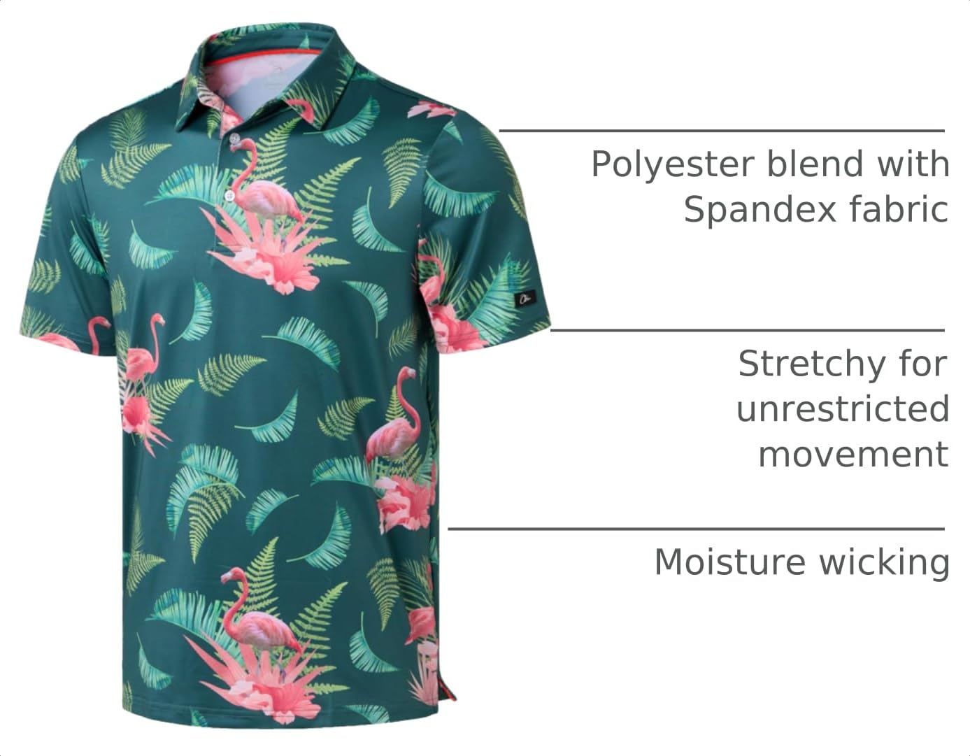 Obla Mens Golf Polo Shirts Short Sleeve Dry Fit Performance Moisture Wicking Casual Print Collared Golf Shirts for Men(Green Flamingo_4XL)