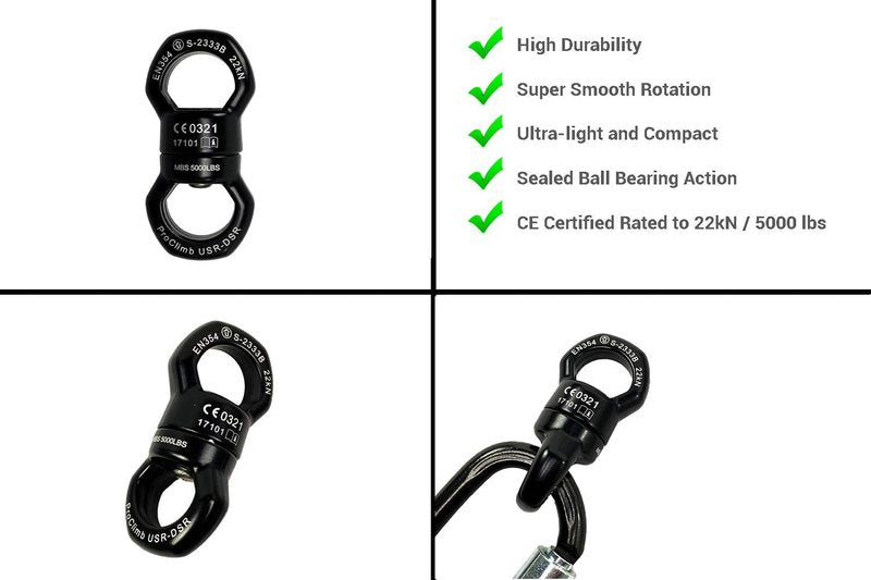 ProClimb 22kN Micro Rotator Climbing Rope Swivel Device Spinner 6700lb Breaking Strength for Rock Climbing Arborist Backyard Swing Aerial Dance Dog Leash Connector CE Certified