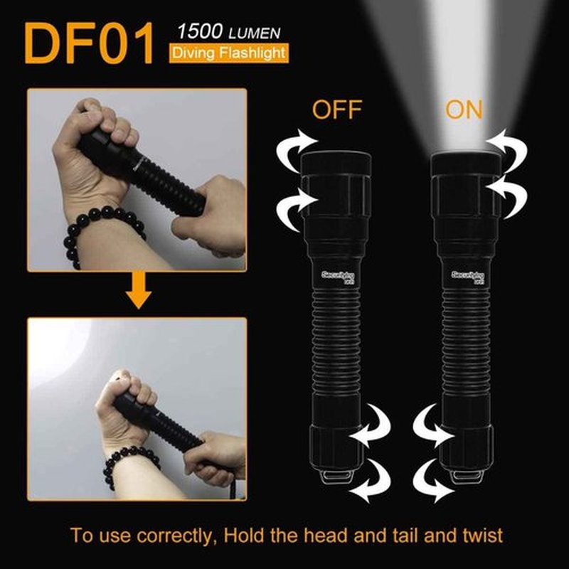 SecurityIng DF01 Scuba Diving Light, 1500 Lumens Mechanical Twist On/Off Underwater 150M Recreational Technical Diving Safety Flashlight, 9 Degrees Narrow Beam IP68 Waterproof Submarine Dive Torch