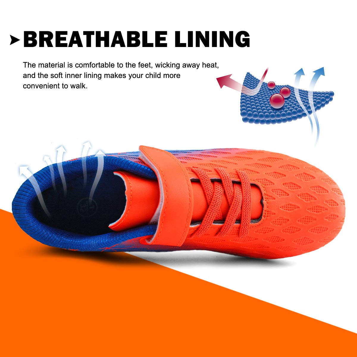 brooman Kids Firm Ground Soccer Cleats Boys Girls Athletic Outdoor Football Shoes(12,Orange Blue)