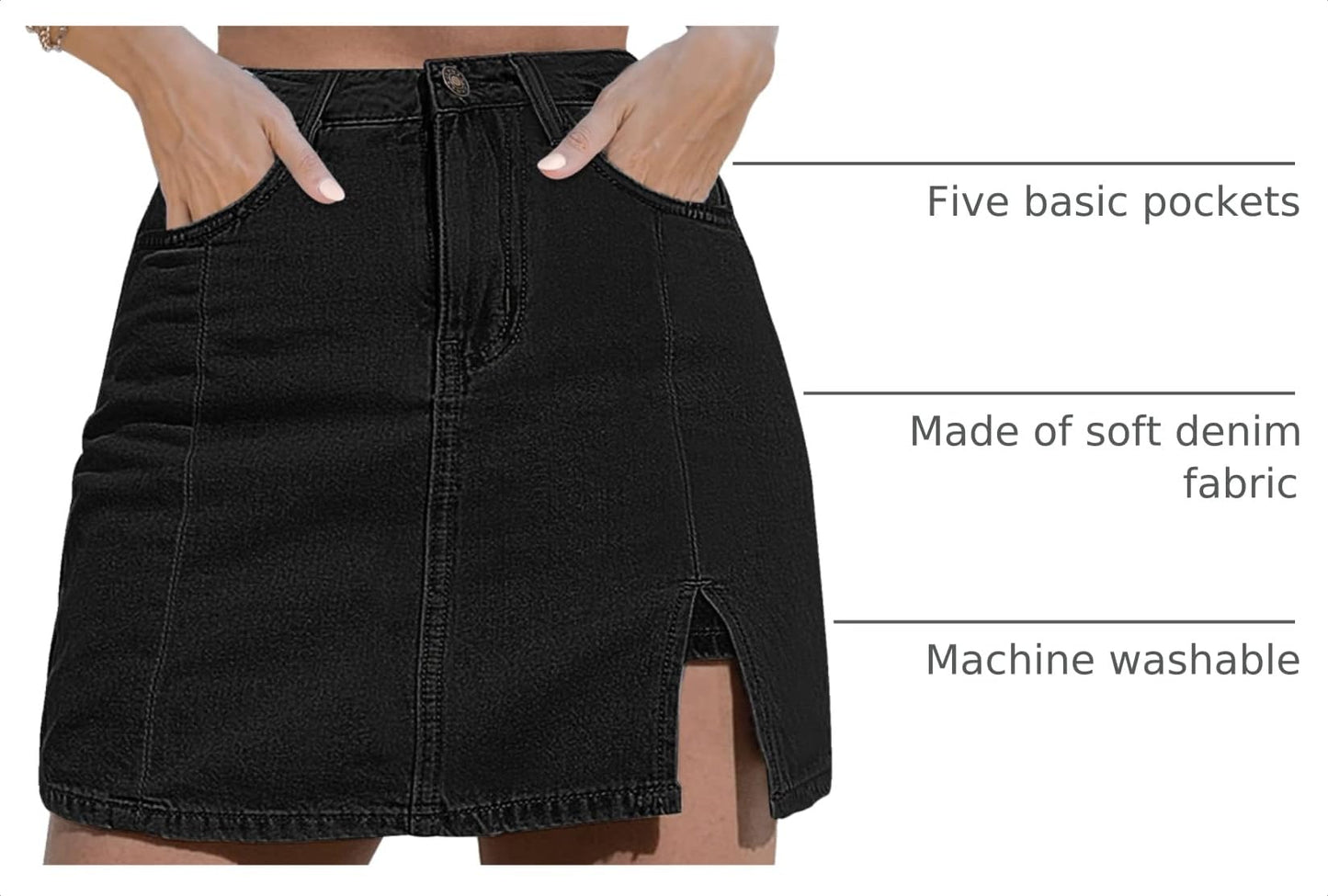luvamia Flexclusive Skorts Skirts for Women Denim Mini Skirt Side Slit with High Waisted Jean Shorts Stretchy Black Mini Skort for Women Casual with Pockets Soft Black Size Medium Size 8-10