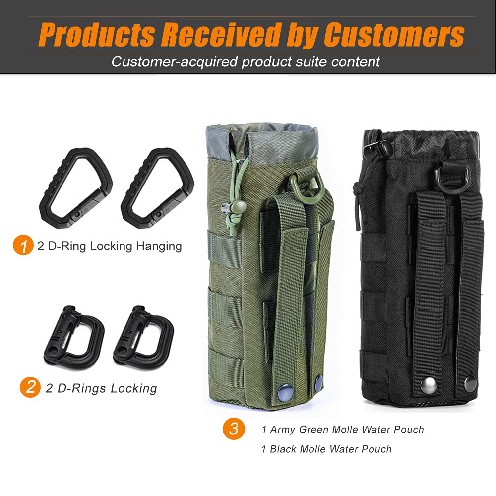 Upgraded Tactical Drawstring Molle Water Bottle Holder Tactical Pouches (Black+Green)