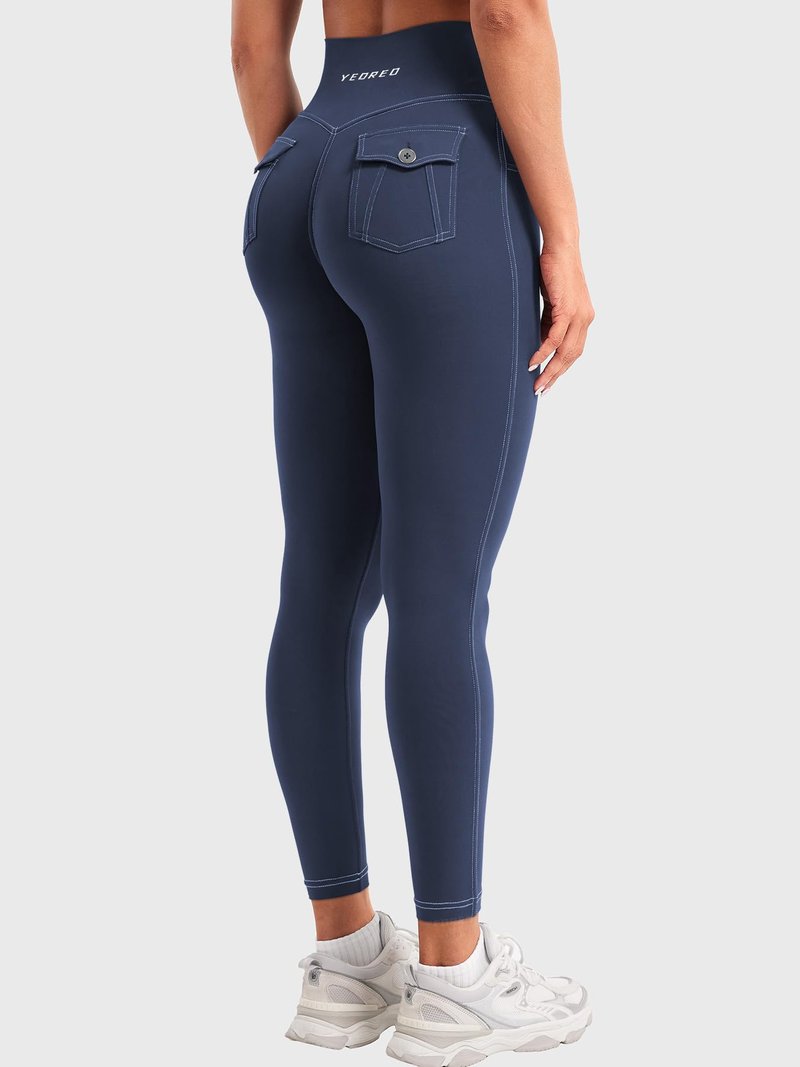YEOREO CoreFlex Women Workout Leggings with Pockets Scrunch Butt Lifting Gym Cargo Denim-Look Yoga Pants Navy Blue M