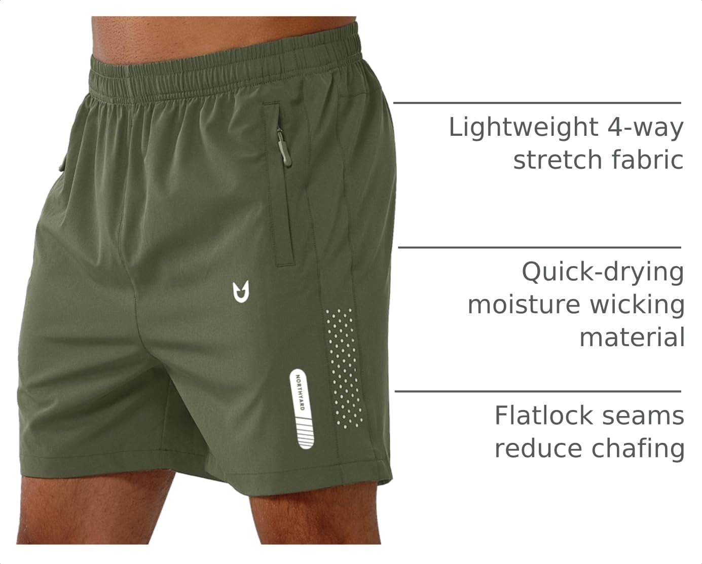 NORTHYARD Men's Athletic Running Shorts Gym Workout 7"/9"/5" Quick Dry Lightweight Sports Basketball Tennis 3 Zipper Pockets ARMYGREEN-9inch S