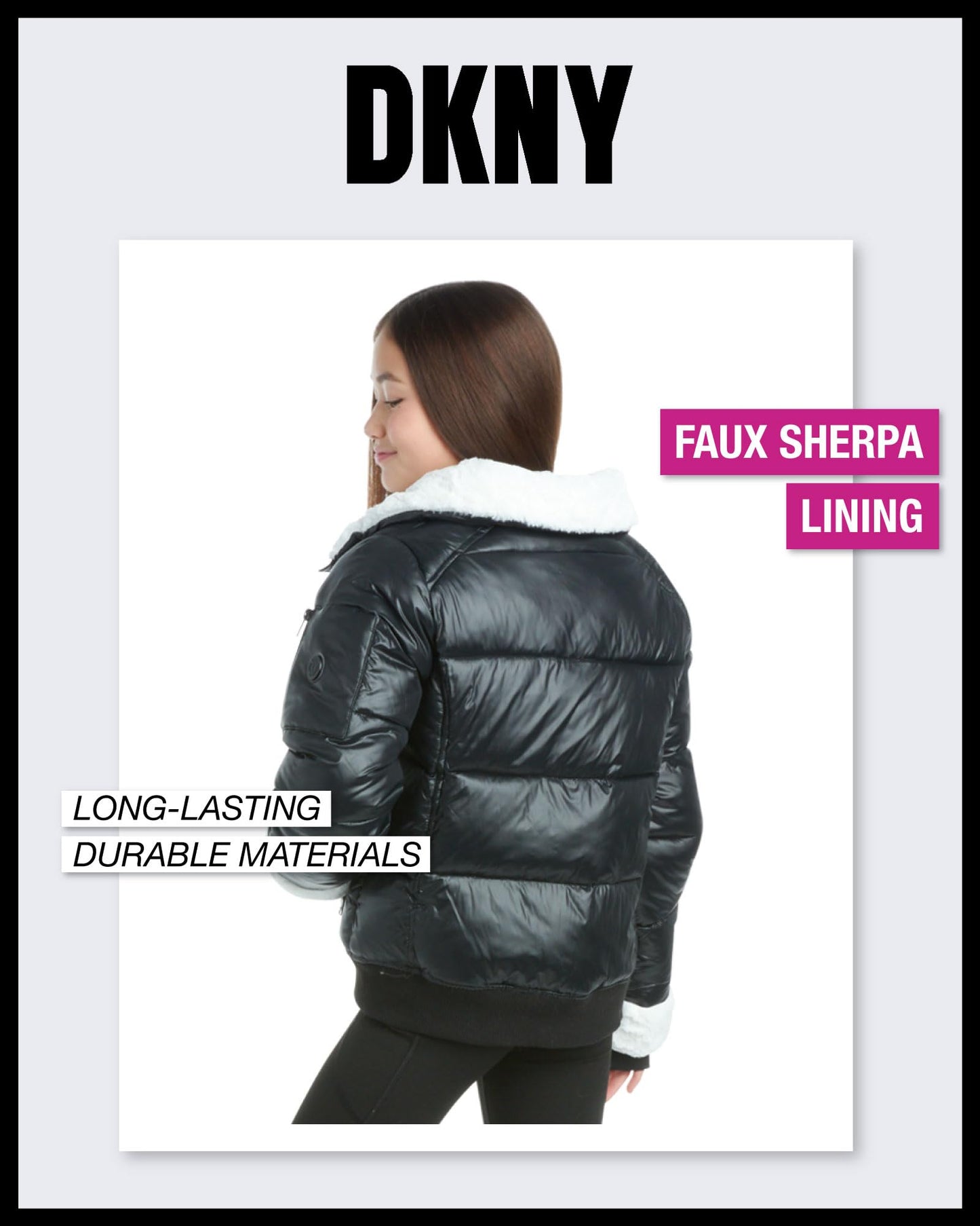 DKNY Girls' Winter Coat - Insulated Quilted Puffer Bomber Coat - Outerwear Jacket for Girls, Sherpa Collar/Cuffs (8-16), Size 7-8, Black